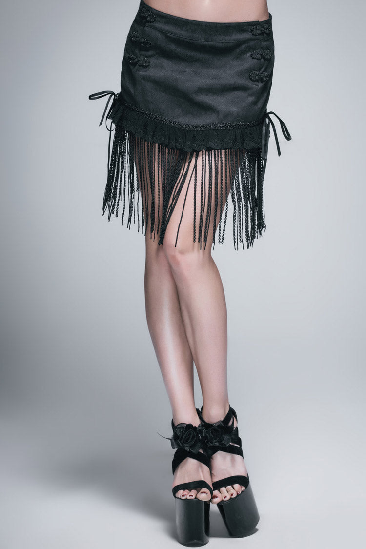 Black Jacquard Lace Tassel Hem Back Waist Lace Up Short Women's Gothic Skirt - Product - 2