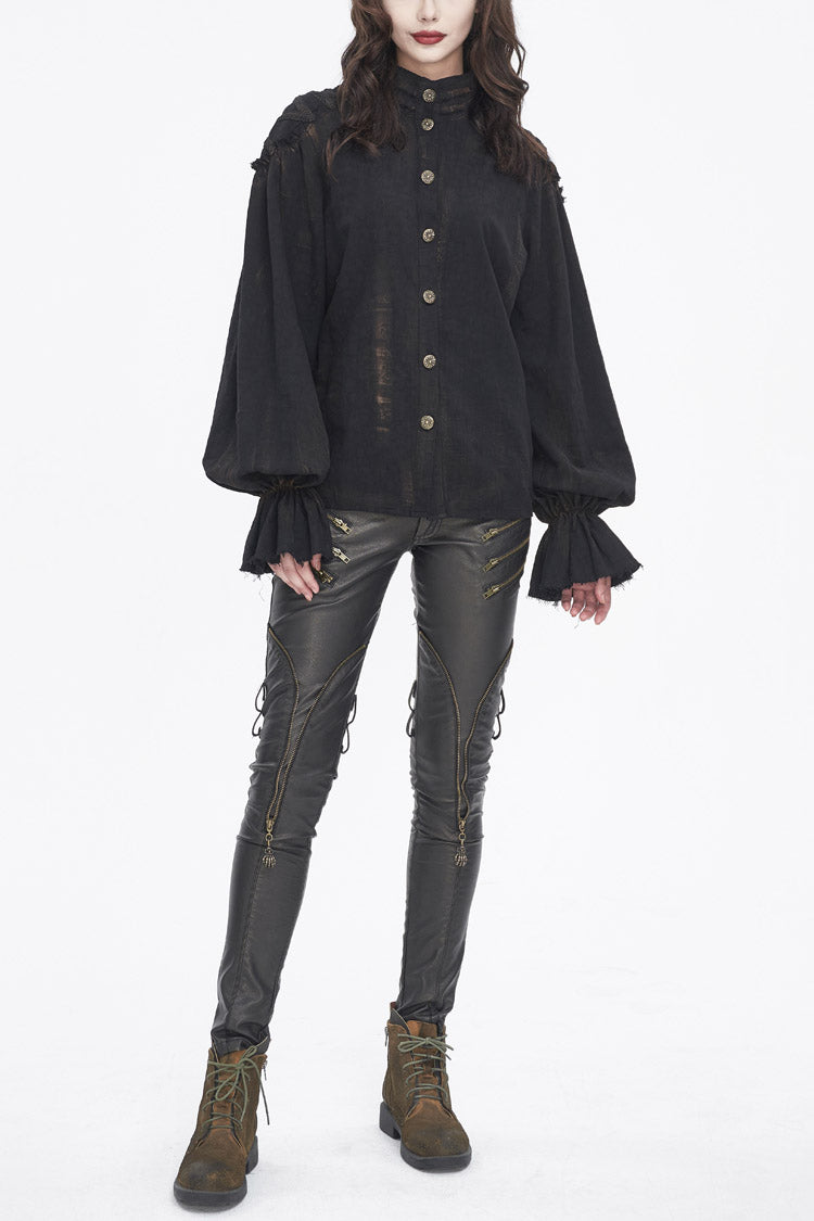Black Stand Collar Lantern Sleeves Print Lace Women's Punk Blouse - Black - 1