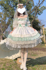 Green [Spring of Boliya] Long Sleeves Multi-Layered Ruffle Bowknot Lace Lace-Up Sweet Princess Lolita Dress - Product - 16