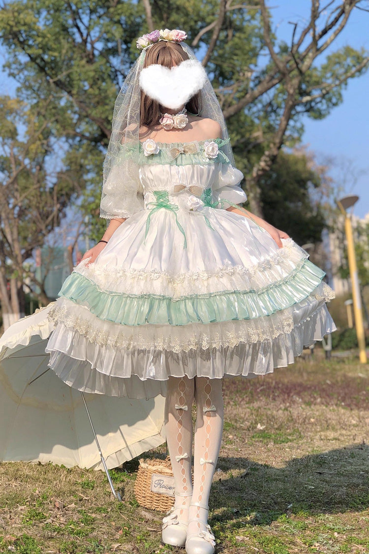 Green [Spring of Boliya] Long Sleeves Multi-Layered Ruffle Bowknot Lace Lace-Up Sweet Princess Lolita Dress - Product - 16
