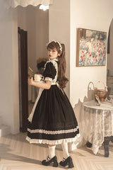 Black Lapel Collar Bowknot Short Sleeves Ruffled Sweet Lolita Maid OP Dress (Apron is included) - Product - 6