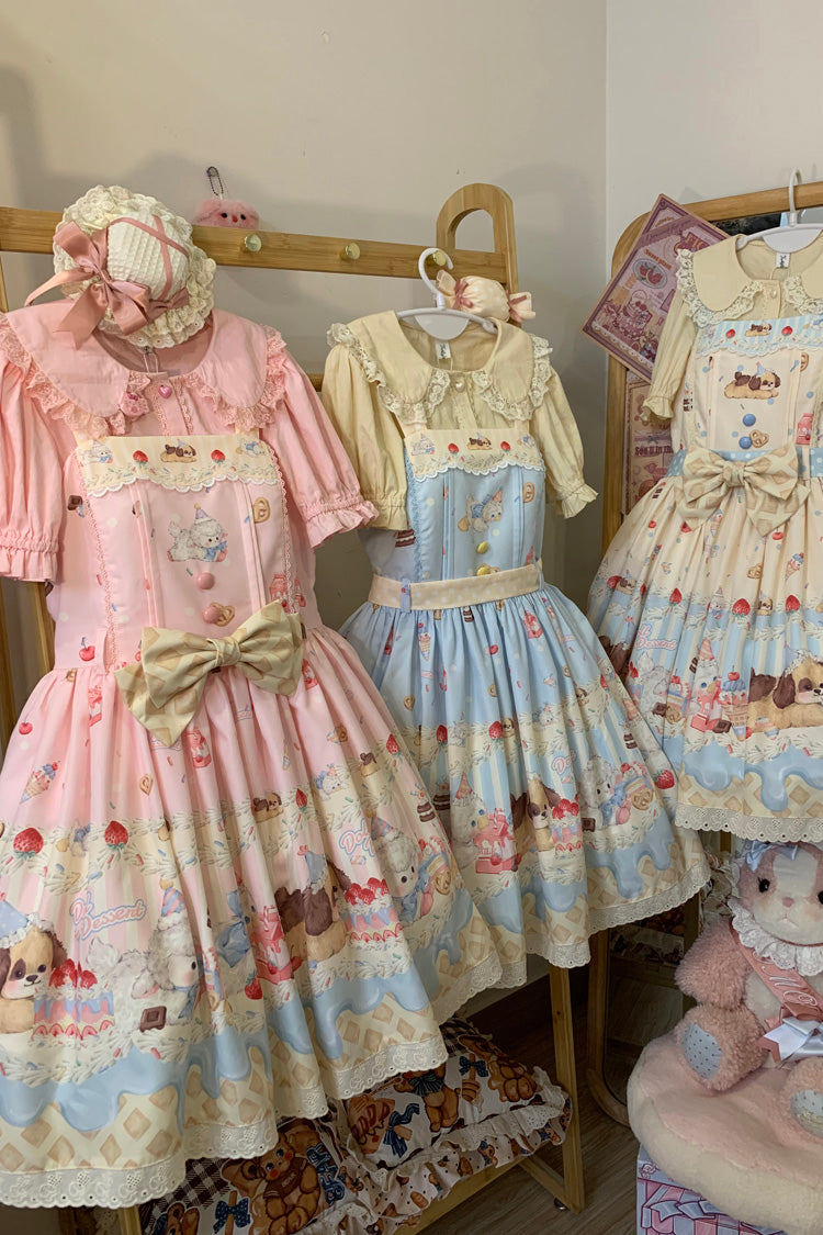 Cream Party Print Bowknot Stitching Lace Sweet Lolita Jsk Dress 3 Colors - Product - 9