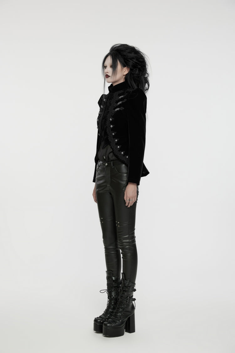 Black Stand Collar Long Sleeves Women's Gothic Swallowtail Coat - Product - 5