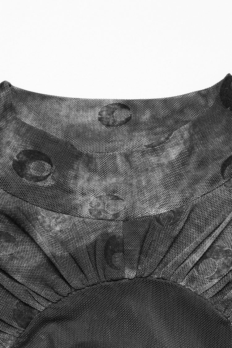 Grey Moon Print Mesh Ruched Women's Gothic Blouse - Product - 7