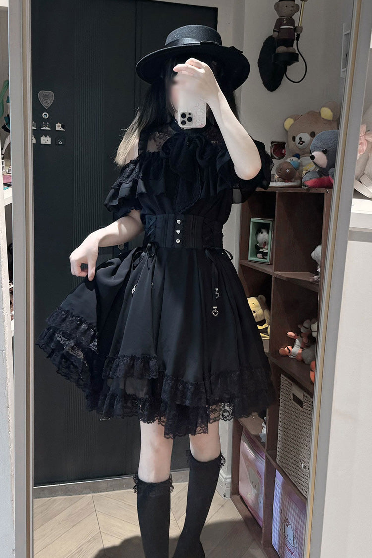 [Highness White Camellia] Off Shoulder Short Sleeves Double-Layered Ruffled Bow Lace Lace-Up Jirai Kei Plus Size Japanese Skirt Blouse Set 2 Colors - Product - 7