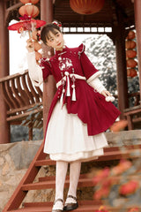 Red Round Collar Long Sleeves High Waisted Rabbits Embroidery Sweet Hanfu Dress Full Set - Product - 4