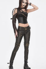 Brown Asymmetric Studded Buckled Eyelet Women's Punk Accessory Faux Leather Harness - Product - 6