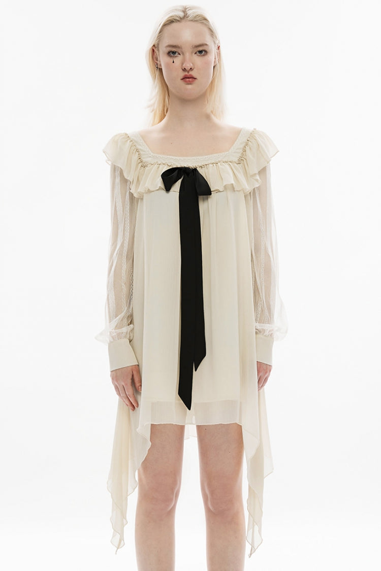 Long Sleeves Ruffle Stitching Lace Detachable Pin Bowknot Women's Gothic Dress 2 Colors - Beige - 1