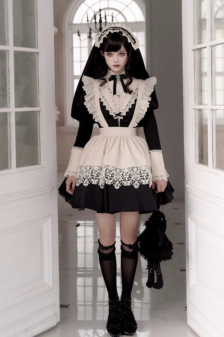 Black [Letters and Poems·Nocturne] Nun Long Sleeves Ruffle Gothic Lolita Short Dress - Black - 1