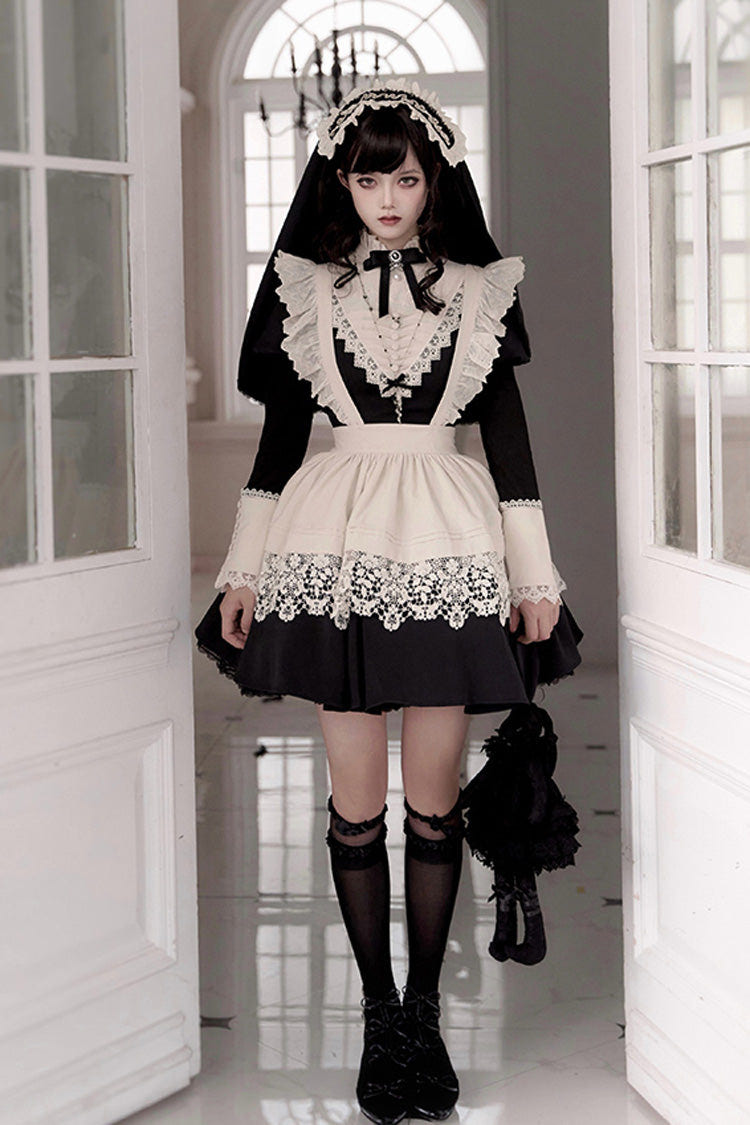 Black [Letters and Poems·Nocturne] Nun Long Sleeves Ruffle Gothic Lolita Short Dress - Black - 1