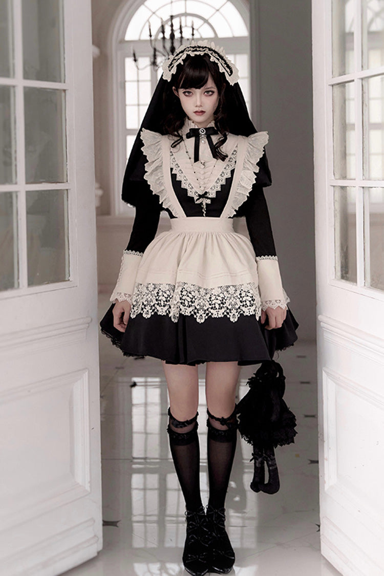 Black [Letters and Poems·Nocturne] Nun Long Sleeves Ruffle Gothic Lolita Short Dress - Black - 1