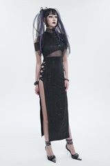Black Off The Shoulder Irregular Knit Paneled Mesh Side Slit Women's Punk Dress - Product - 3