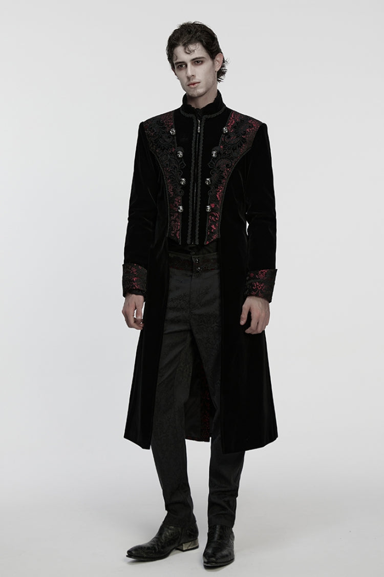 Black/Red Stand Collar Long Sleeves Floral Jacquard Bouble-breasted Zipper Men's Gothic Coat - Product - 4