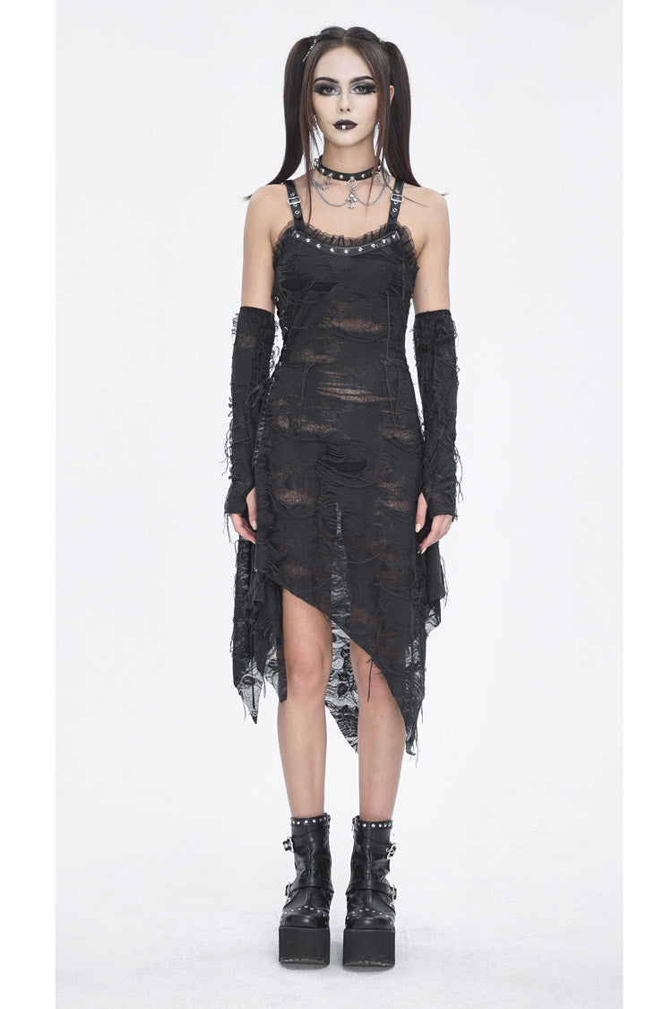 Black Sleeveless Lace Irregular Womens Gothic Strap Dress - Product - 4