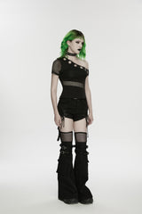 Black Spliced Lace-Up Mesh Detachable Eyelet Women's Punk Shorts - Product - 3