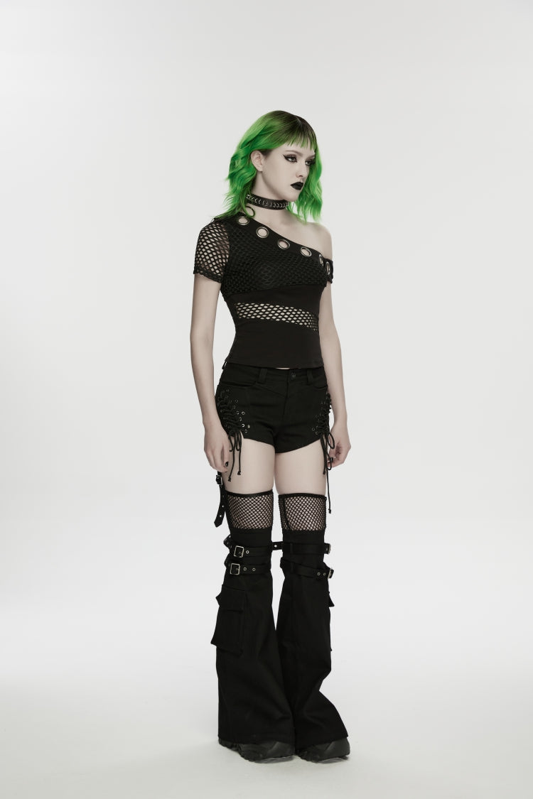 Black Spliced Lace-Up Mesh Detachable Eyelet Women's Punk Shorts - Product - 3