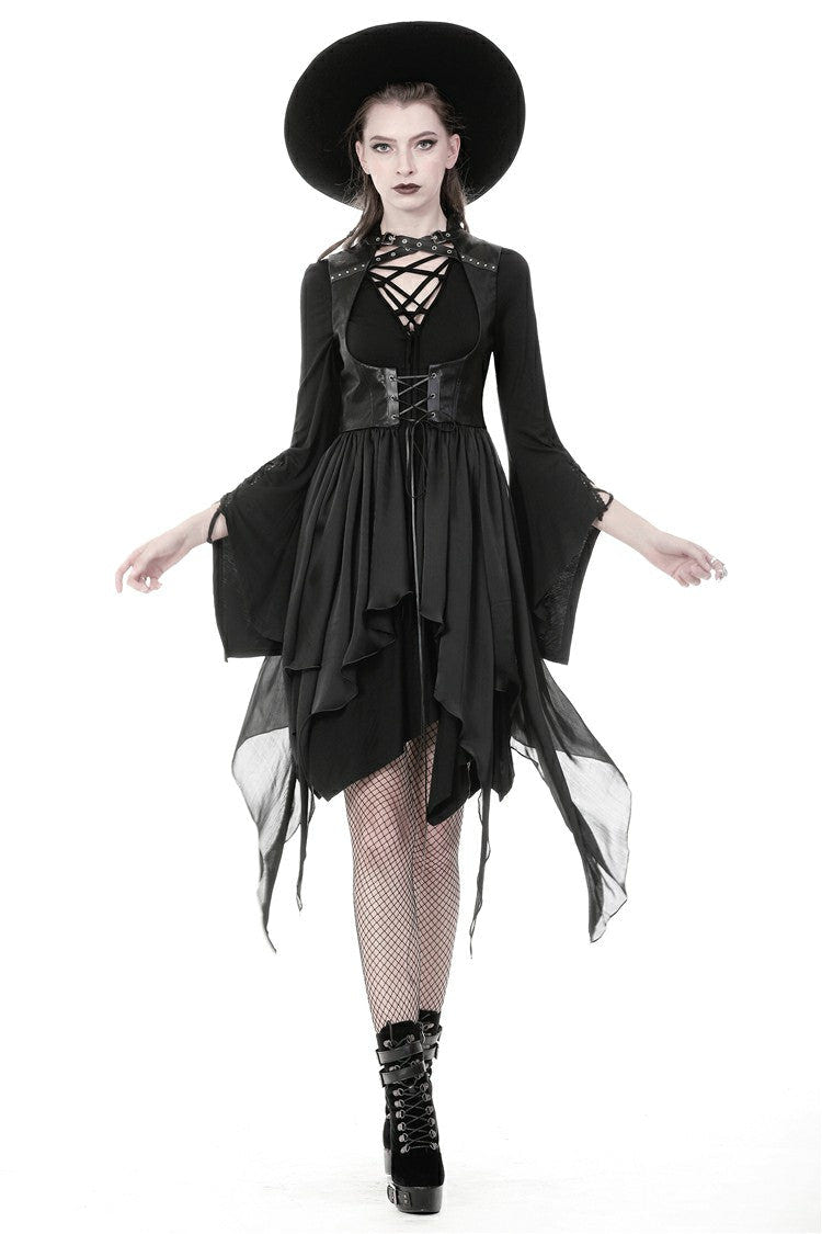 Black Chiffon Sleeveless Cut-Out Chest Irregular Hem Lace-Up Buckled Women's Punk Jacket - Black - 1