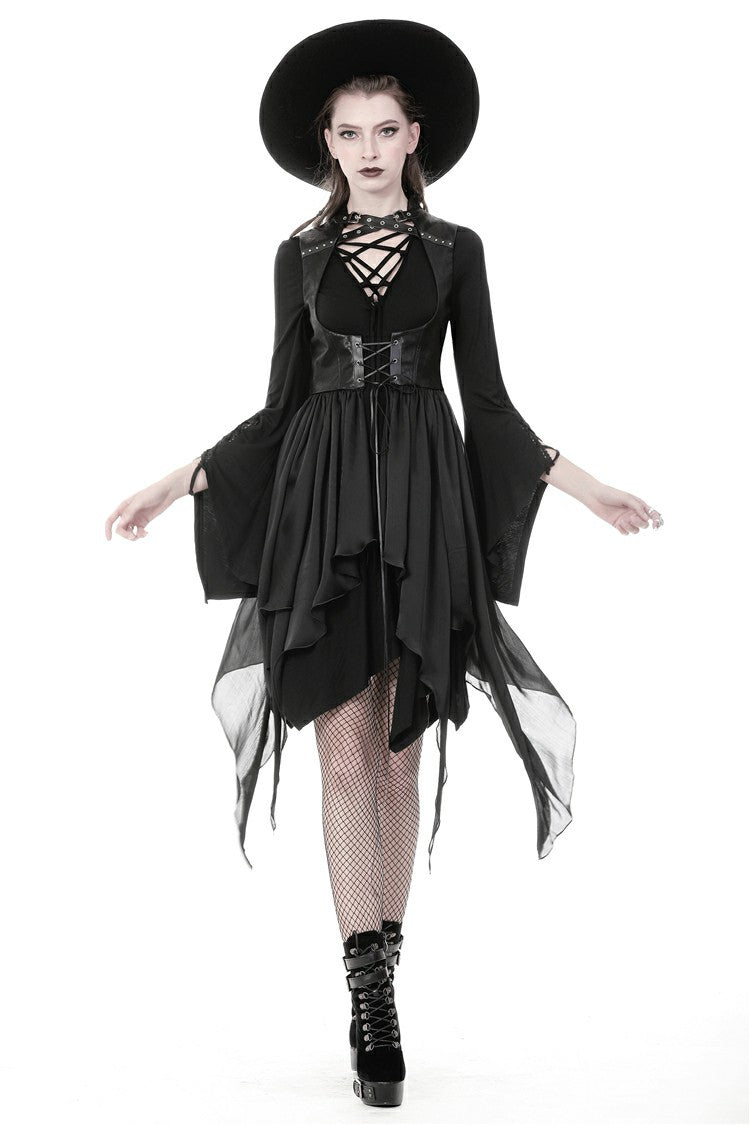 Black Chiffon Sleeveless Cut-Out Chest Irregular Hem Lace-Up Buckled Women's Punk Jacket - Black - 1