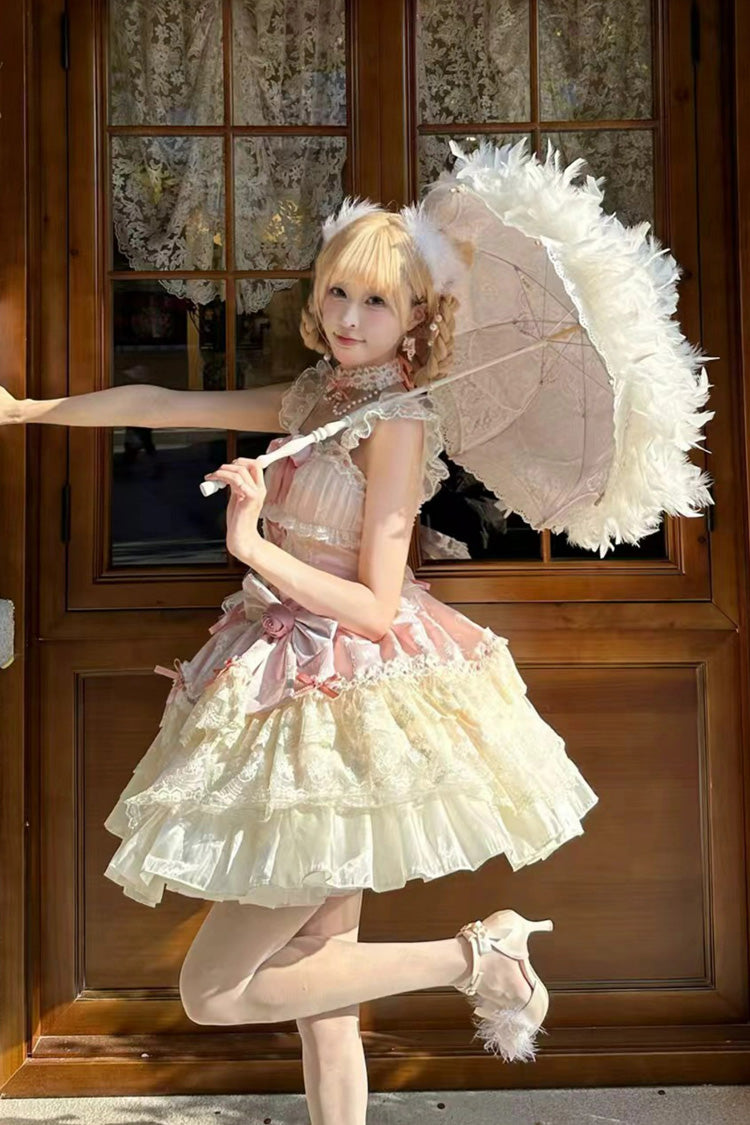 Pink [Rose Canticle] Sleeveless Multi-Layered Bowknot Lace Lace-Up Pearl Ballet Sweet Lolita Jsk Dress - Product - 8