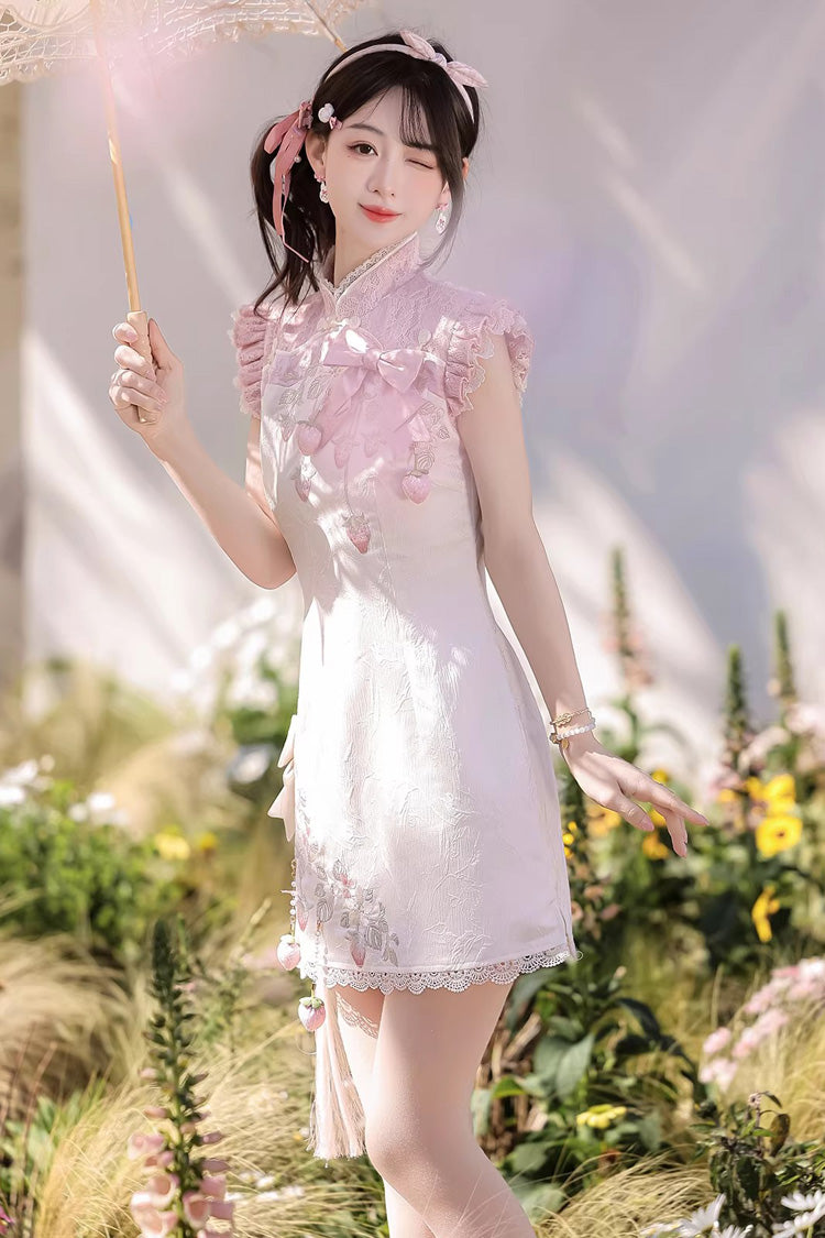 White/Pink [Spring Strawberry] Stand Collar Ruffled Embroidered Lace Color-Blocked Chinese Style Sweet Lolita Dress Cheongsam - Product - 5