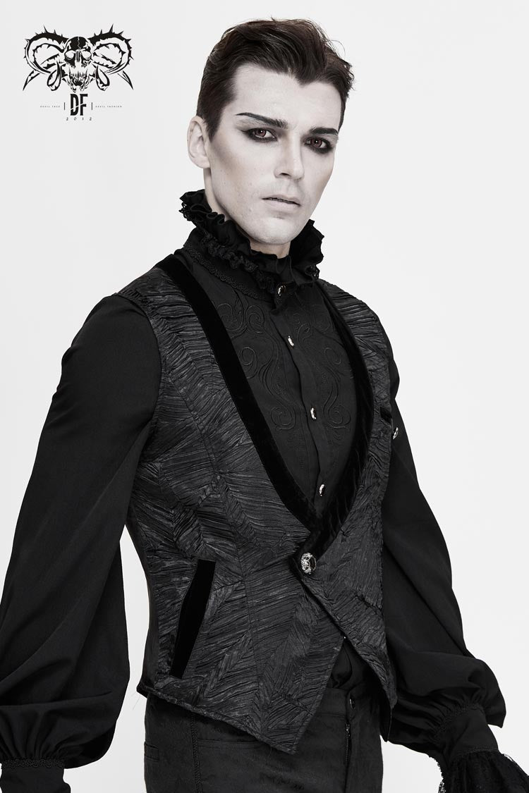 Black Velveteen Asymmetrical Pleated Splice Waist Loop Men's Gothic Waistcoat - Product - 2
