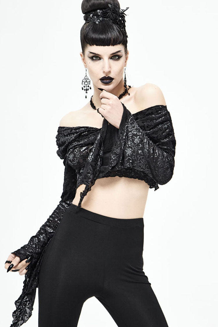 Black Long Sleeve Burnt Velvet Off-Shoulder Women's Punk Shirt - Product - 2