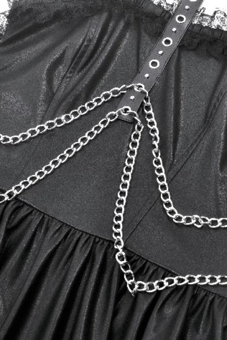 Black Halterneck Zippered Chain-Decorated Eyelet Women's Punk Faux Leather Dress - Product - 15