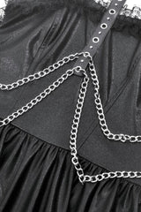 Black Halterneck Zippered Chain-Decorated Eyelet Women's Punk Faux Leather Dress - Product - 15