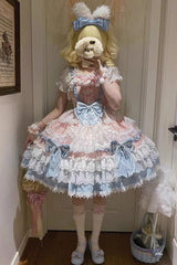 Blue Sleeveless Multi-Layered Ruffle Bowknot Lace Sweet Gorgeous Lolita Doll Jsk Dress - Product - 5