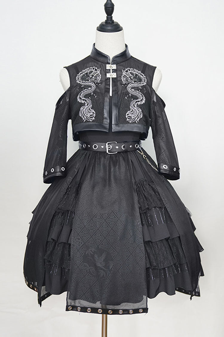 Dark Boat Neck Dragon Print Chinese Style High Waisted Multi-Layer Ruffled Gothic Lolita Jsk Dress - Black - 1