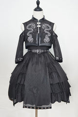 Dark Boat Neck Dragon Print Chinese Style High Waisted Multi-Layer Ruffled Gothic Lolita Jsk Dress - Black - 1