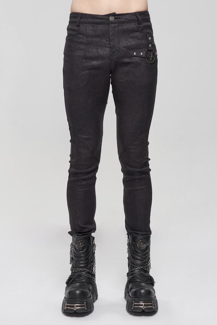 Black Basic Funds Metal Pentagram Crackle Punk Slim Men's Pants - Black - 1
