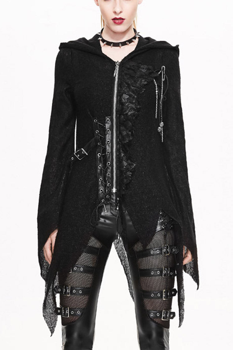 Black Vintage Hooded With Leather Details Women's Punk Jackets - Black - 1