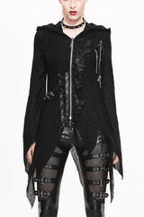 Black Vintage Hooded With Leather Details Women's Punk Jackets - Black - 1