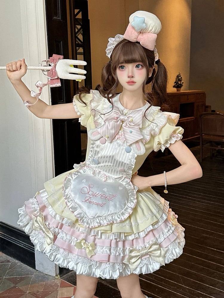 Yellow & Pink Bunny Maid Sweet Lolita Puff Sleeve Dress detail view 6