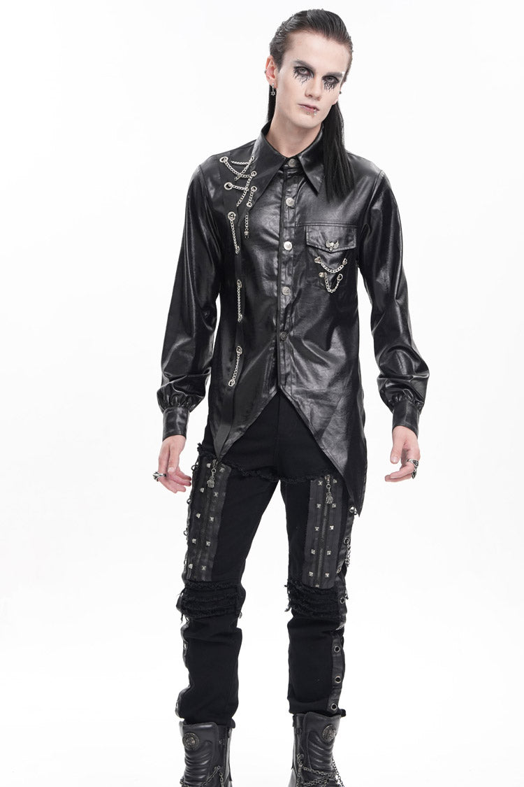 Black Long Sleeves Chain Eyelets Skull Men's Gothic Blouse - Product - 10