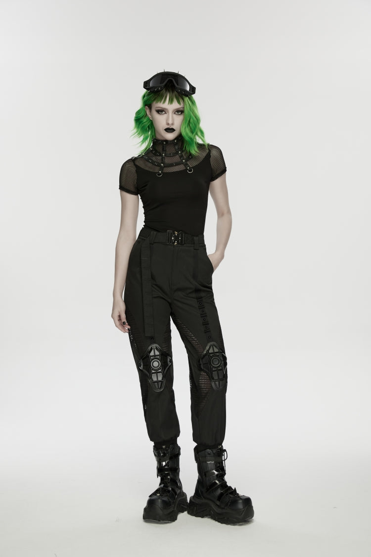 Black Stand Collar Short Sleeves Zippered Women's Punk Rivets&Eyelets T-Shirt - Product - 5
