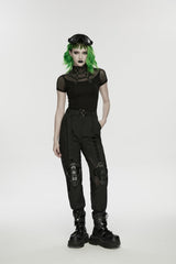 Black Stand Collar Short Sleeves Zippered Women's Punk Rivets&Eyelets T-Shirt - Product - 5