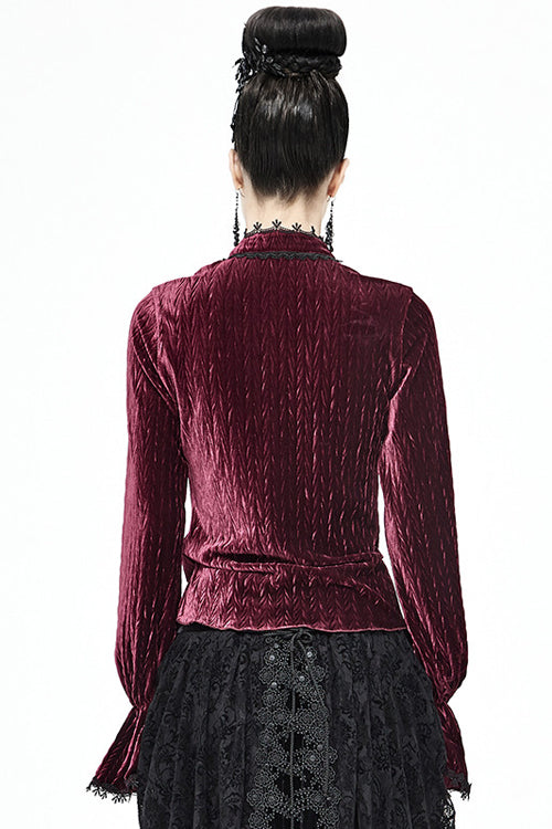 Red Pleated Velvet Trumpet Sleeves Womens Gothic Blouse - Product - 3