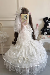 White [Sweetheart] Sleeveless Multi-Layered Embroidered Bow Lace Lace-Up Sweet Lolita Jsk Dress - Product - 8