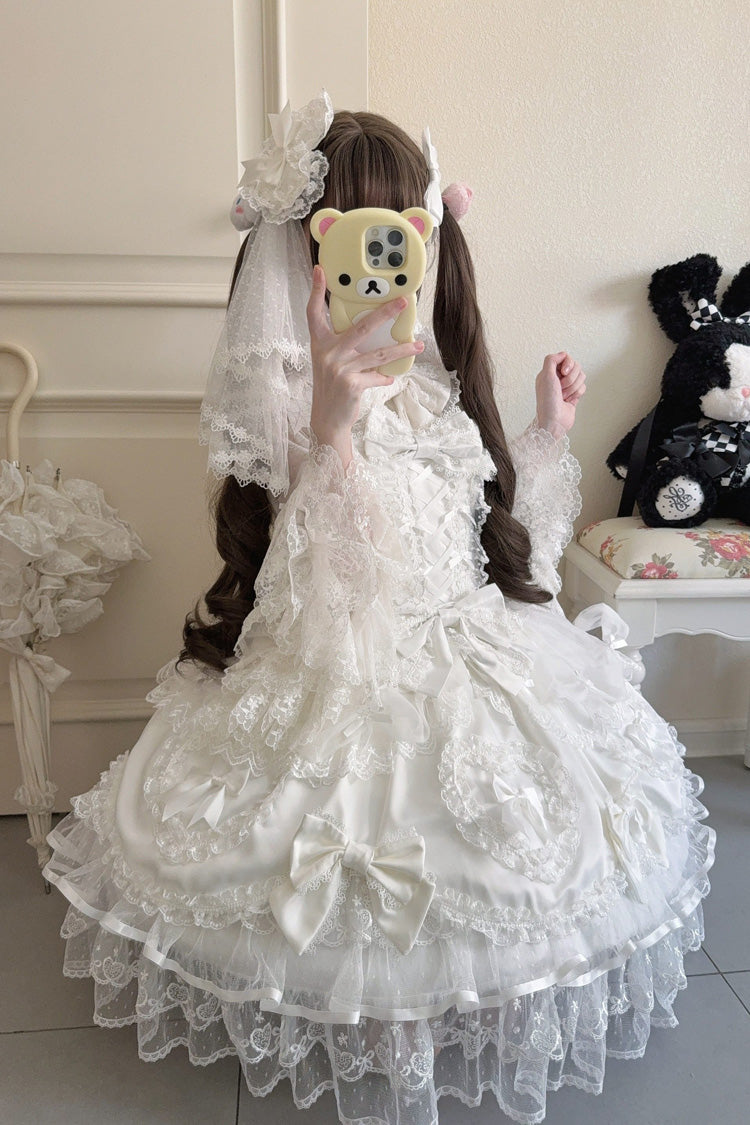 White [Sweetheart] Sleeveless Multi-Layered Embroidered Bow Lace Lace-Up Sweet Lolita Jsk Dress - Product - 8