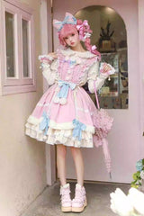 White/Pink Little Fox Multi-layer Ruffle Bowknot Long Sleeves Sweet Lolita Dress - Product - 3