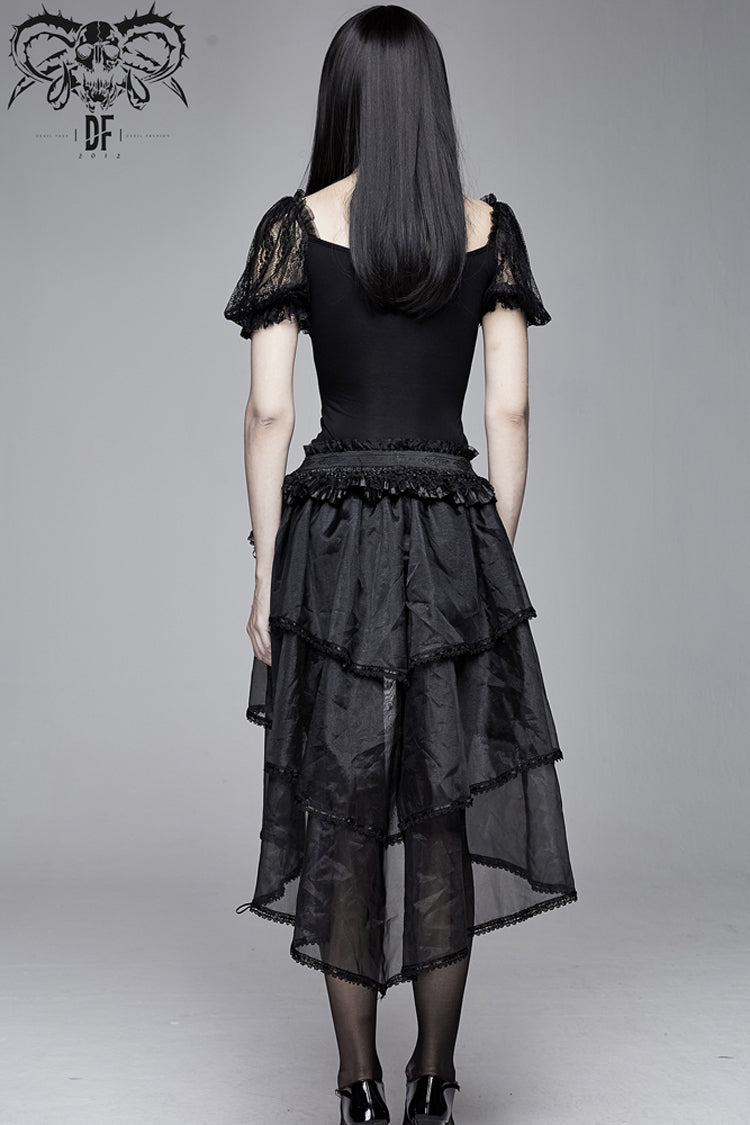Black Bubble Sleeve Vertical Flower Lace Chest Cross Lace Up Women's Gothic T-Shirt - Product - 7