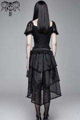 Black Bubble Sleeve Vertical Flower Lace Chest Cross Lace Up Women's Gothic T-Shirt - Product - 7