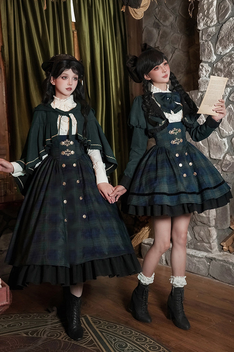 Blue/Green [Berlin's letter] Double-Layered Plaid Print Ruffle Bowknot Classic College Style Lolita Strap Dress Set 2 Versions - Product - 25