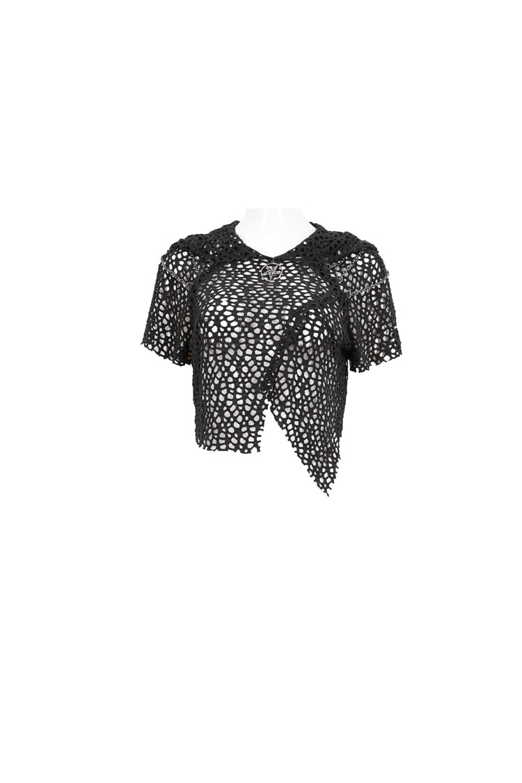 Black Cutout Hood Irregular Hem Aluminium Chain On Shoulder Short Sleeve Women's Punk T-Shirt - Product - 6