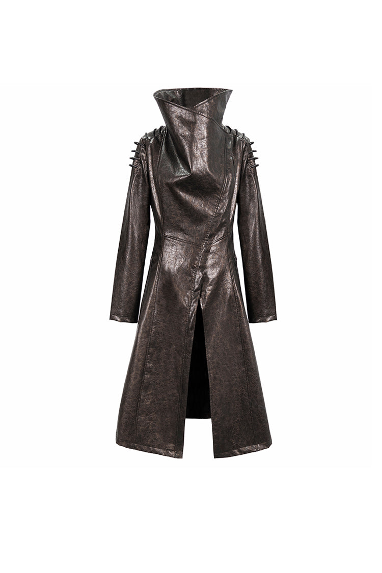 Brown Large Neckline Design Shoulder String Decoration Long Leather Women's Punk Jacket - Product - 6