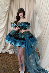 Blue/Green [Peacock Spirit Princess] Sleeveless Multi-Layered Ruffled Bow Lace-Up Classic Elegant Lolita Jsk Dress - Product - 7
