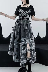 French Square Collar Short Sleeves Irregular Hem Long Gothic Lolita Dress - Black/White - 1