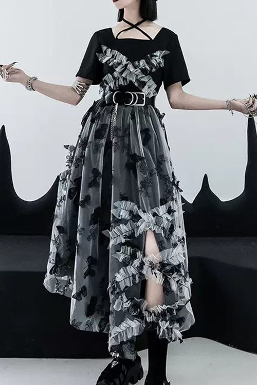 French Square Collar Short Sleeves Irregular Hem Long Gothic Lolita Dress - Black/White - 1